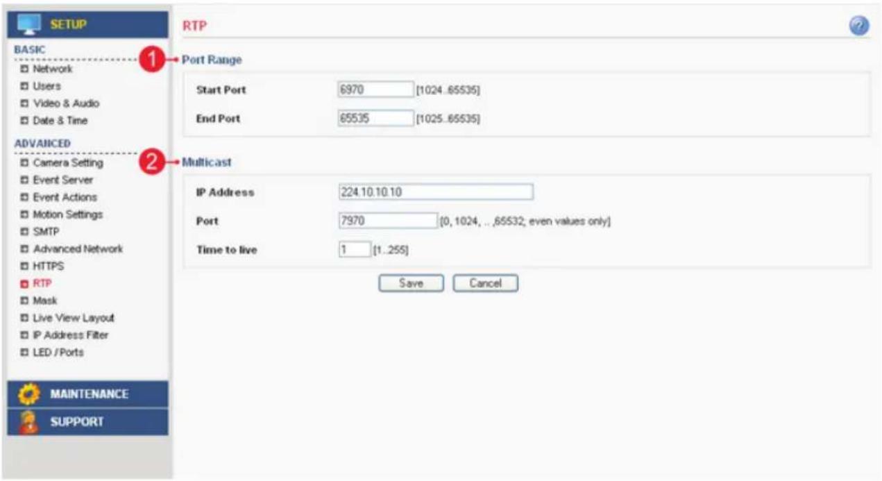 BASIC Network Users Video & Audio Date & Time ADVAICED Camera Setting Event Server Event Actions Motion Settings SMTP Advanced Network HTTPS RTP Mask Live View Layout IP Address Filter LED /Ports MAINTENANCE SUPPORT RTP Port Range Start Port 6970 [1024..65535] End Port 65535 [1025..65535] Multicast IP Address 224.10.10.10 Port 7970 [0, 1024, ..,65532; even values only] Time to live 1 [1..255] Save Cancel
