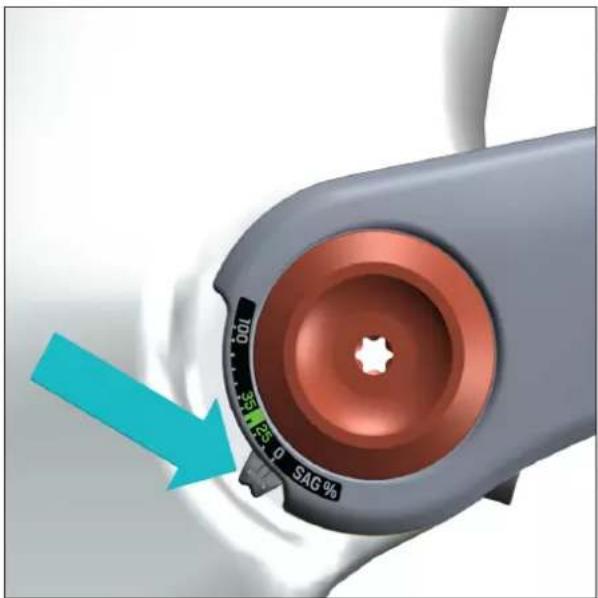 Close-up of a camera lens with SAG percentage label and blue arrow pointing to the lens (no other text or symbols)