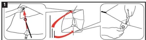 Diagram illustrating three-step instructions for handling a device, with red arrows indicating motion direction.