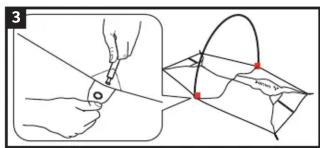 Diagram illustrating a hand holding a tool and a folded paper with red markers indicating points of interest.