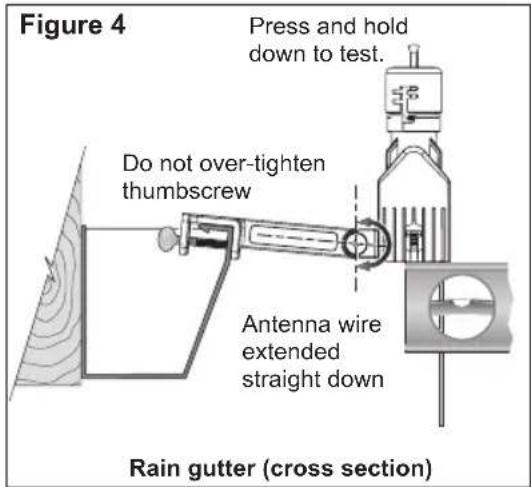 Figure 4 Press and hold down to test. Do not over-tighten thumbscrew Antenna wire extended straight down Rain gutter (cross section)