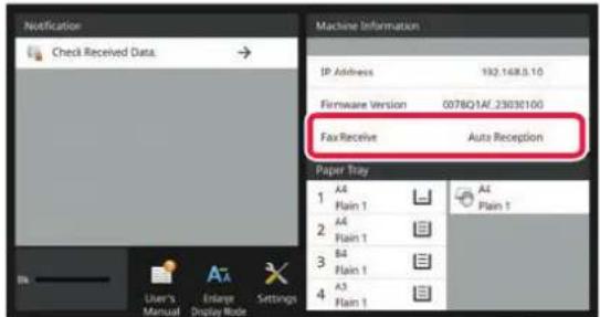 Notification Check Received Data → Machine Information IP Address 192.1483.1.10 Firmware Version 007BQ1AF.23030100 Fax Receive Auto Reception Paper Title 1 A4 Plain 1 2 A4 Plain 1 3 B4 Plain 1 4 A3 Plain 1 User's Manual Enlarg Display Mode Settings