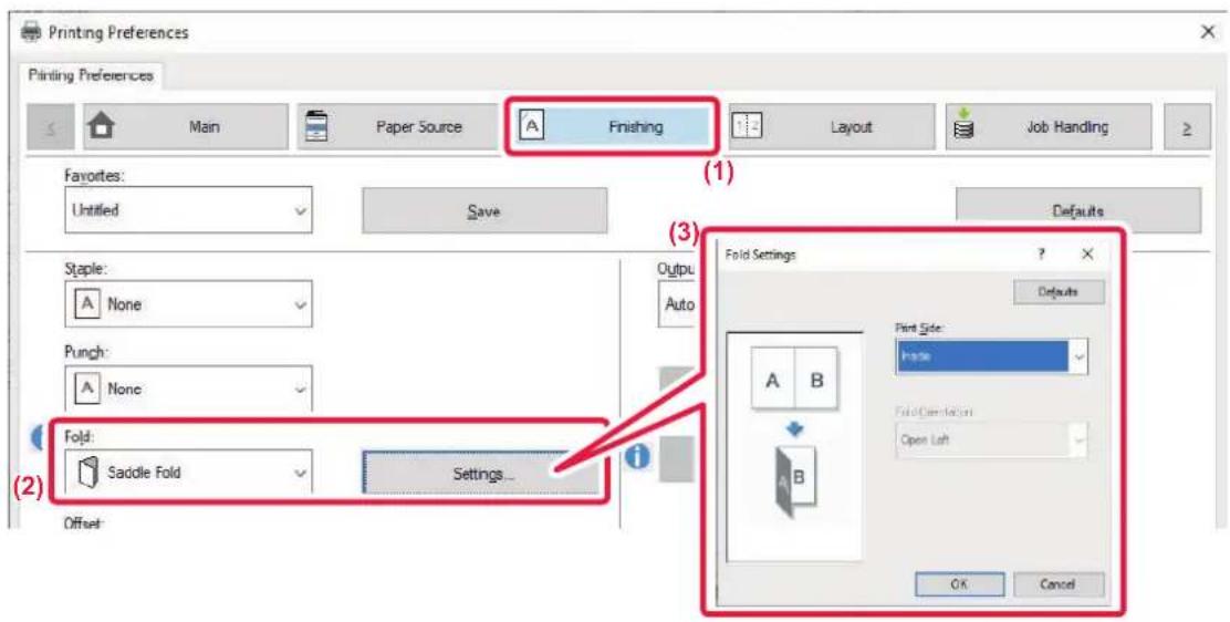 Printing Preferences. Main, Paper Source, Finishing, Layout, Job Handling. Favorites: Untitled. Save Defaults. Staple: None. Output: Auto. Punch: None. Fold: Saddle Fold. Settings... Offset. Fold Settings: Defaults. Print Side: Inside. Fold Conversion: Open Left. OK, Cancel.