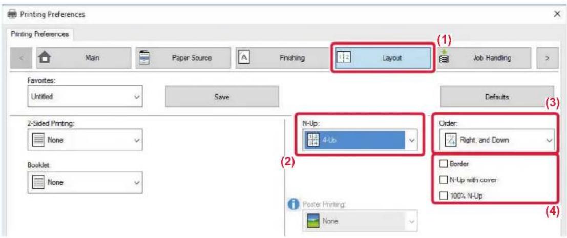 Printing Preferences Printing Preferences Main Paper Source Finishing Layout Job Handling Favorites: Untitled Save Defaults (3) 2-Sided Printing: None N-Up: 4-Up Order: None Border N-Up with cover 100% N-Up Booklet None Poster Printing: None (4)