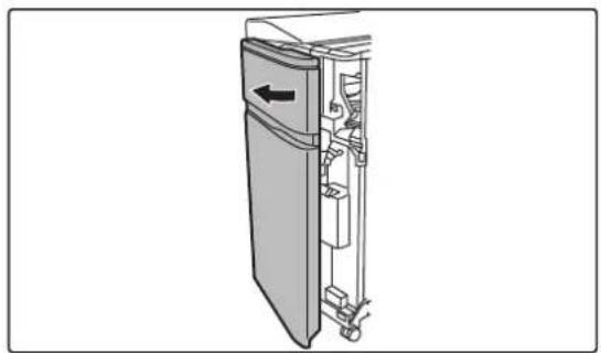 Technical line drawing of a door mechanism with internal components and directional arrow (no text or symbols)