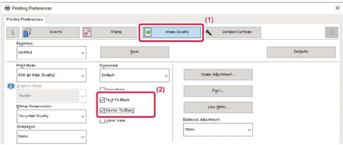 Printing Preferences Printing Preferences Inserts Stamp Image Quality Detailed Settings Favorites: Untitled Save Defaults Print Mode: 600 dpi (High Quality) Graphics Mode: Vector Bitmap Compression: Very High Quality Sharpness: None Screening: Default Smoothing Text To Black Vector To Black Toner Sa…