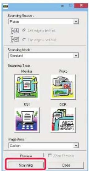Scanning Source: Platen Left edge or left flat I am right or left flat Scanning Mode: Standard Scanning Type: Monitor Photo FAX OCR Image Area: Custom Preview Cancel Preview Scanning Close