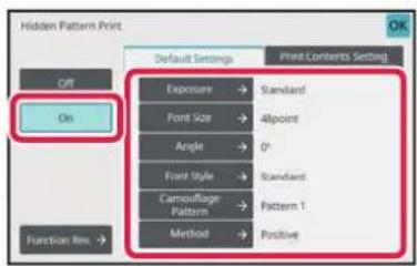 Hidden Pattern Print Default Settings Print Contents Setting Exposure → Standard Font Size → 48 point Angle → 0° Font Style → Standard Camouflage → Pattern 1 Method → Positive Function Rev. →