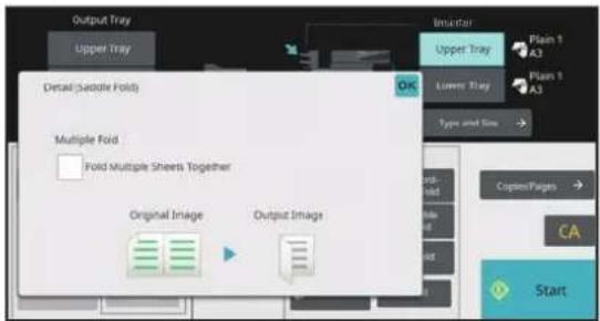 Output Tray: Upper Tray. Detail (Saddle Fold): Multiple Fold, Fold Multiple Sheets Together. Original Image, Output Image. Bricketar: Upper Tray, Lower Tray. Plain 1, A3; Plain 1, A3. Type and Size. Copy/Pages. CA. Start.