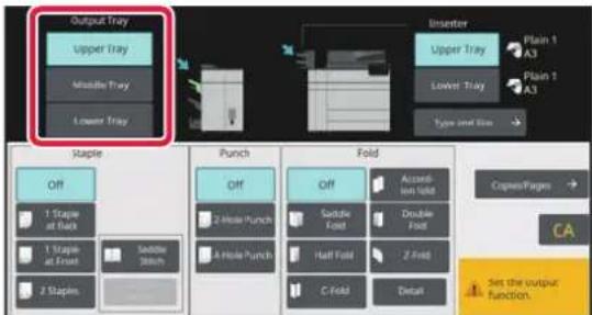 Output Tray: Upper Tray, Middle Tray, Lower Tray. Insetter: Upper Tray, Lower Tray. Type and Size: Plain 1, A3; Plain 1, A3. Staple: Off, 1 Staple at Back, 2 Staple at Front, Saddle Stretch, 2 Staple. Punch: 2-Hole Punch, 3-Hole Punch, Off. Fold: Off, Saddle Fold, Half Fold, C Fold, Accum-low size,…