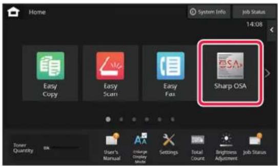 Home. System Info. Job Status. 14:08. Easy Copy. Easy Scan. Easy Fax. Sharp OSA. Toner Quantity. User's Manual. Storage. Display Mode. Settings. Total Count. Brightness Adjustment. Job Status