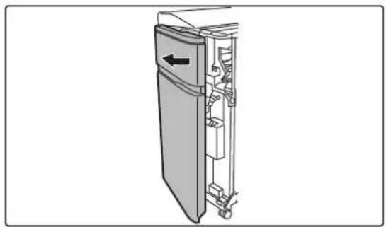 Diagram of a refrigerator interior showing internal components and a directional arrow.