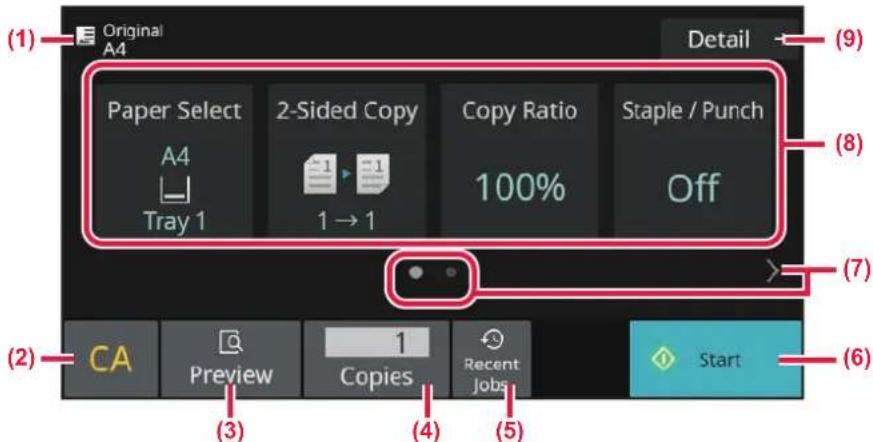(1) Original A4 Detail Paper Select 2-Sided Copy Copy Ratio Staple / Punch A4 Tray 1 1 → 1 100% Off (9) (8) (7) (2) CA Preview 1 Recent Jobs Start (3) (4) (5)
