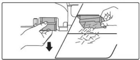 Illustration showing two hands using a tool to cut a surface with particles (no text or symbols)