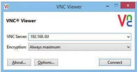 VNC® Viewer. VNC Server: 192.168.0.1. Encryption: Always maximum. About... Options... Connect