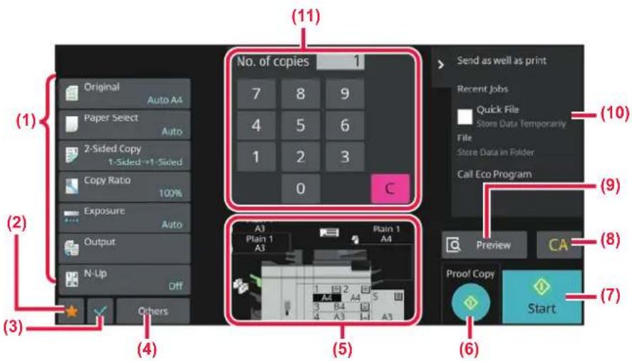 (1) Original Auto A4 Paper Select Auto 2-Sided Copy 1-Sided→1-Sided Copy Ratio 100% Exposure Auto Output N-Up Off Others (1) (2) (3) (4) (5) (6) (7) (8) (9) (10) Send as well as print Recent Jobs Quick File Store Data Temporarily File Store Data in Folder Call Eco Program Preview CA Proof Copy Start
