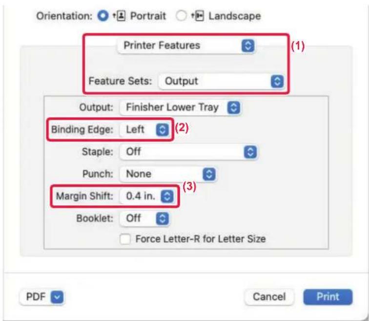Orientation: Portrait Landscape Printer Features (1) Feature Sets: Output Output: Finisher Lower Tray Binding Edge: Left (2) Staple: Off Punch: None (3) Margin Shift: 0.4 in. Booklet: Off Force Letter-R for Letter Size PDF Cancel Print