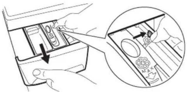 Diagram illustrating a hand inserting objects into a drawer with an inset showing the process with a magnified view of the container.