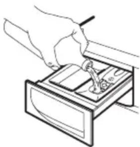 Illustration of a hand using a tool to press or install a device into a drawer (no text or symbols visible)