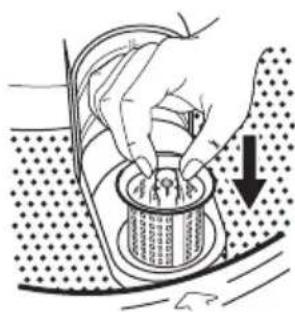 Illustration of hands using a tool to adjust a component in a container, with an arrow indicating direction (no text or symbols present)