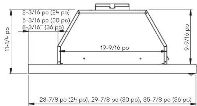 2-3/16 po (24 po) 5-3/16 po (30 po) 8-3/16" (36 po) 11-1/4 po 19-9/16 po 9-9/16 po 23-7/8 po (24 po), 29-7/8 po (30 po), 35-7/8 po (36 po)