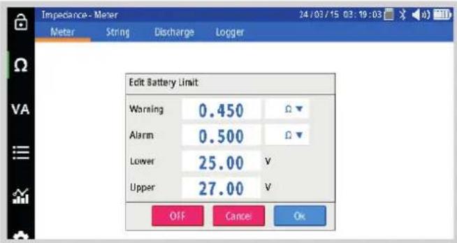 Impedance - Meter 24/03/15 03:19:03 Meter String Discharge Logger Edit Battery Limit Warning 0.450 Alarm 0.500 Lower 25.00 v Upper 27.00 v OFF Cancel Ok