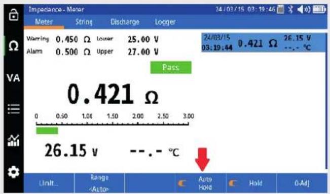 Impedance - Meter Meter String Discharge Logger Warring 0.450 Ω Lower 25.00 V Alarm 0.500 Ω Upper 27.00 V 24/03/15 0.421 Ω 26.15 V 03:19:44 --. °C Pass 0.421 Ω 0 0.50 1.00 1.50 2.00 2.50 3.00 26.15 v --.- °C Limit... Range Auto Hold Hold O-Adj