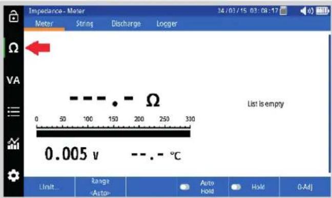 Impedance - Meter Meter String Discharge Logger 0 50 100 150 200 250 300 Ω List is empty 0.005 v --- - °C Limit... Range Auto Hold Hold O-Adj