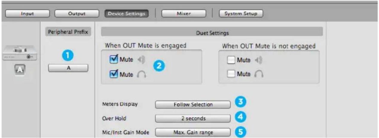 Input Output Device Settings Mixer System Setup Peripheral Prefix 1 A Duet Settings When OUT Mute is engaged ✓ Mute ✓ Mute 2 When OUT Mute is not engaged □ Mute □ Mute Meters Display Follow Selection Over Hold 2 seconds Mic/Inst Gain Mode Max. Gain range 3 4 5