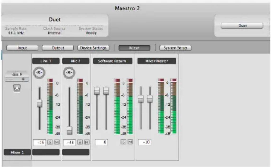 Maestro 2 Duet Sample Rate 44.1 kHz Clock Source Internal System Status Ready Input Output Device Settings Mixer System Setup Line 1 Mic 2 Software Return Mixer Master -15 S M -48 S M 0 S M -10 Mixer 1