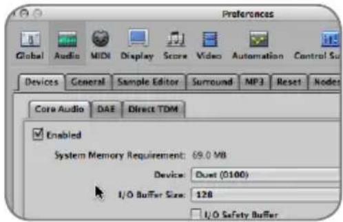 Preferences Global Audio MIDI Display Score Video Automation Control Su Devices General Sample Editor Surround MP3 Reset Nodes Core Audio DAE Direct TDM Enabled System Memory Requirement: 69.0 MB Device: Duet (0100) I/O Buffer Size: 128 I/O Safety Buffer