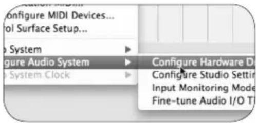 Configure MIDI Devices... rol Surface Setup... System Configure Audio System System Clock Configure Hardware D Configure Studio Settin Input Monitoring Mode Fine-tune Audio I/O T