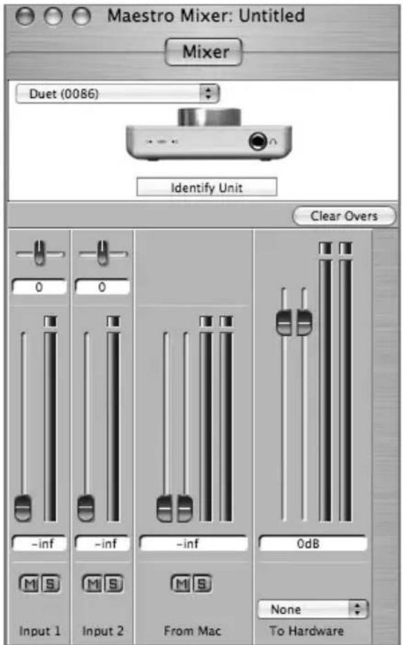 Maestro Mixer: Untitled Mixer Duet (0086) Identify Unit Clear Overs - inf - inf - inf 0dB Input 1 Input 2 From Mac None To Hardware