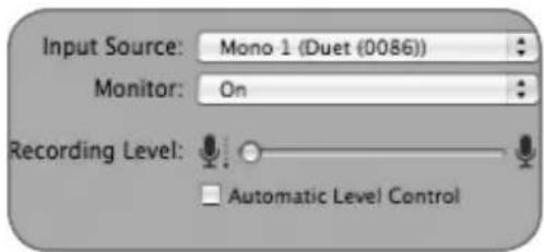 Input Source: Mono 1 (Duet (0086)) Monitor: On Recording Level: Automatic Level Control