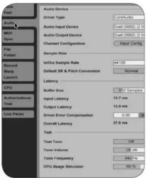 Audio Device Driver Type CoreAudio Audio Input Device Duet (0002) (2 In) Audio Output Device Duet (0002) (2 In) Channel Configuration Input Config Sample Rate In/Out Sample Rate 44100 Default SR & Pitch Conversion Normal Latency Buffer Size 512 Samples Input Latency 13.7 ms Output Latency 13.9 ms Driver Error Compensation 0.00 Hz Overall Latency 27.6 ms Test Test Tone Off Tone Volume -36 dB Tone Frequency 442 Hz CPU Usage Simulator 60 %