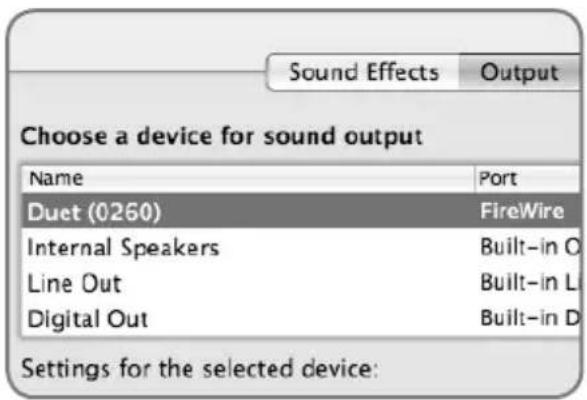 Sound Effects Output Choose a device for sound output Name Port Duet (0260) FireWire Internal Speakers Built-in O Line Out Built-in L Digital Out Built-in D Settings for the selected device: