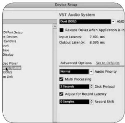Device Setup VST Audio System Duet (0002) ASIO ■ Release Driver when Application is in Input Latency: 7.891 ms Output Latency: 8.095 ms Advanced Options Set to Defaults Normal Audio Priority ✓ Multi Processing 2 Seconds Disk Preload ✓ Adjust for Record Latency 0 Samples Record Shift