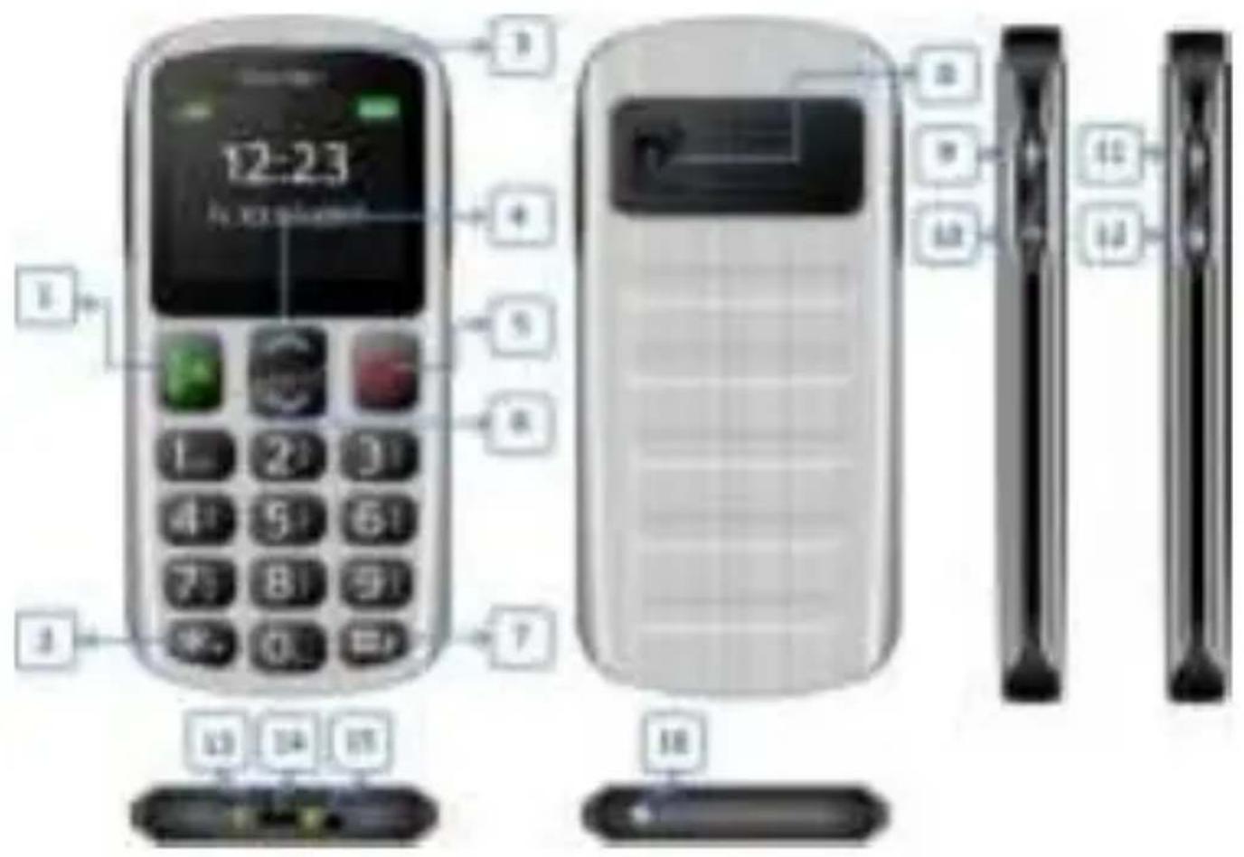 Diagram showing the front, side, and back views of a mobile phone with labeled buttons and ports in Chinese.