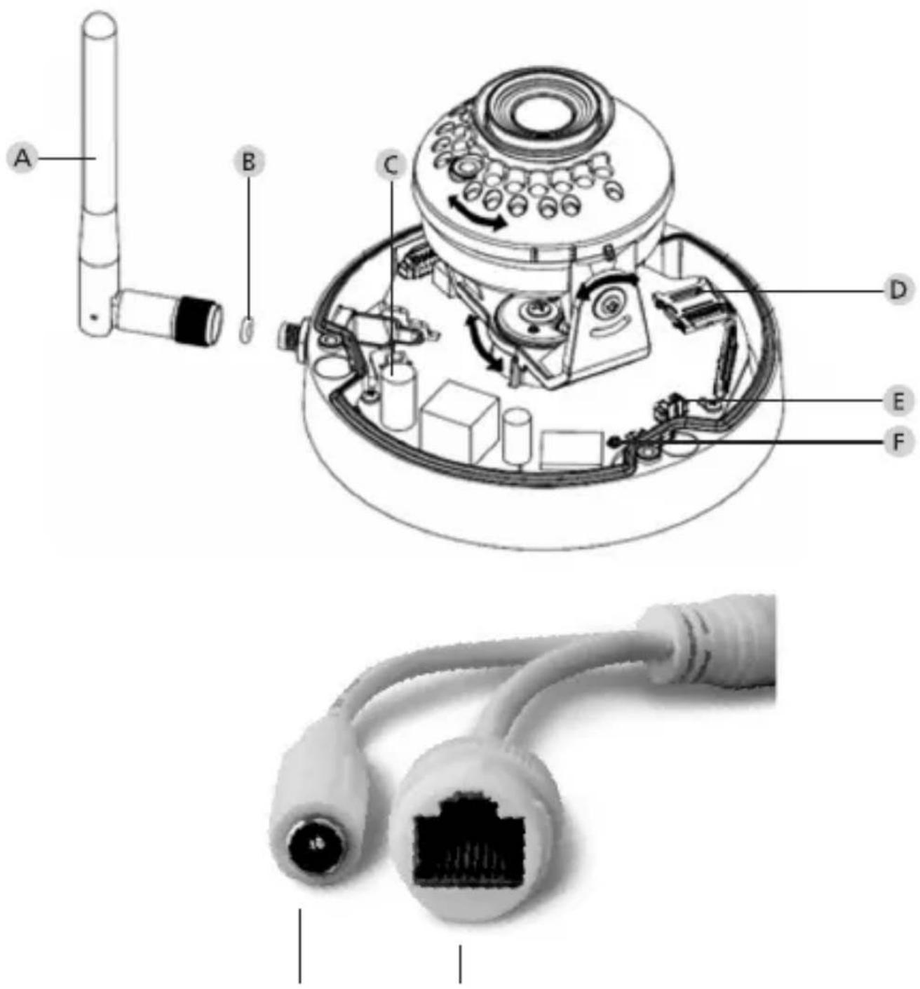 Technical diagram of a device with labeled components including a cylindrical connector, internal wiring, and a network cable.