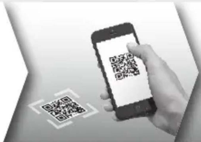 Black-and-white image showing a hand holding a smartphone displaying a QR code, with a separate QR code icon nearby.