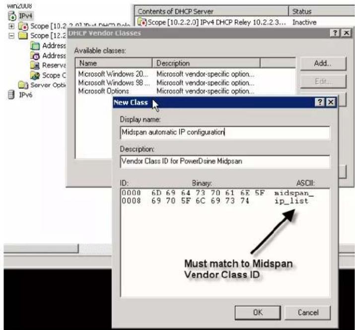 win2UU8 IPv4 Scope [10.2.2.0] IPv4 DHCP Relay Scope [12.2.0] DHCP Vendor Classes Available classes: Name Description Microsoft Windows 20... Microsoft vendor-specific option... Microsoft Windows 98... Microsoft vendor-specific option... Microsoft Options Microsoft vendor-specific option... Add... Ed…