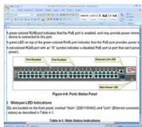 A green colored R45 port indicates that the PdE port is enabled, and may provide power when indicate is connected to the port. A green LED on top of the green colored R45 port indicates that the PdE port provides power to and not colored R45 port with an "A" symbol indicates a disabled PdE port (a p…