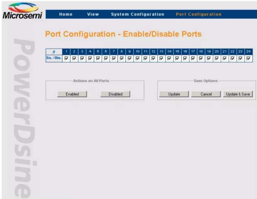 Microsemi Home View System Configuration Port Configuration Port Configuration - Enable/Disable Ports 1 2 3 4 5 6 7 8 9 10 11 12 13 14 15 16 17 18 19 20 21 22 23 24 En. / Dis. ✓ ✓ ✓ ✓ ✓ ✓ ✓ ✓ ✓ ✓ ✓ ✓ ✓ ✓ ✓ ✓ ✓ ✓ ✓ ✓ ✓ ✓ ✓ ✓ ✓ ✓ ✓ ✓ ✓ ✓ ✓ ✓ ✓ ✓ ✓ ✓ ✓ ✓ ✓ ✓ ✓ ✓ ✓ ✓ ✓ ✓ ✓ ✓ ✓ ✓ ✓ ✓ ✓ ✓ ✓ ✓ ✓ ✓ ✓ ✓ ✓ ✓…