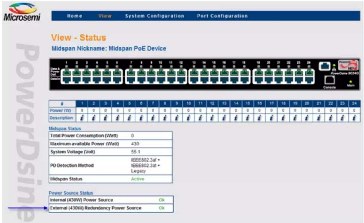 Microsemi Home View System Configuration Port Configuration View - Status Midspan Nickname: Midspan PoE Device Data & Power Out Data/In 1 2 3 4 5 6 7 8 9 10 11 12 13 14 15 16 17 18 19 20 21 22 23 24 Power (W) 0 0 0 0 0 0 0 0 0 0 0 0 0 0 0 0 0 0 0 0 0 0 0 0 Description ⚠ ⚠ ⚠ ⚠ ⚠ ⚠ ⚠ ⚠ ⚠ ⚠ ⚠ ⚠ ⚠ ⚠ ⚠ ⚠…
