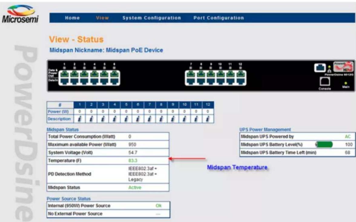 Microsemi Home View System Configuration Port Configuration View - Status Midspan Nickname: Midspan PoE Device 1 2 3 4 5 6 7 8 9 10 11 12 Power (W) 0 0 0 0 0 0 0 0 0 0 0 0 Description Midspan Status Total Power Consumption (Watt) 0 Maximum available Power (Watt) 950 System Voltage (Volt) 54.7 Temper…