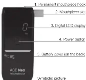 1. Permanent mouthpiece hook 2. Mouthpiece slot 3. Digital LCD display 4. Power button 5. Battery cover (on the back) ACE Neo Alcoheater Symbolic picture