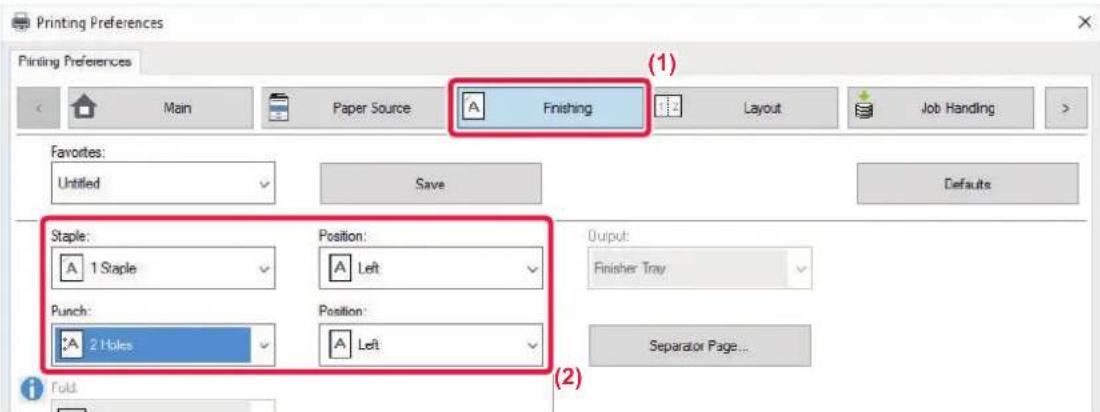 Printing Preferences Printing Preferences Main Paper Source A Finishing Layout Job Handling Favorites: Untitled Save Defaults Staple: A 1 Staple Position: A Left Punch: A 2 Holes Position: A Left Output: Finisher Tray Separator Page... (1) (2)