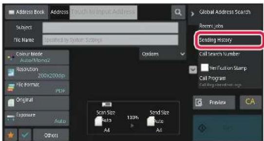 Address Book, Address Touch to Input Address, Subject, File Name, Specified by System Settings, Global Address Search, Recent Jobs, Sending History, Call Search Number, Verification Stamp, Call Program, Call Program Status, Preview, CA, Scan Size, Auto, 100%, Send Size, Auto, A4, A4
