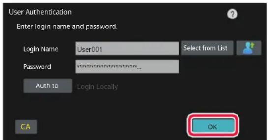 User Authentication Enter login name and password. Login Name User001 Select from List Password password... Auth to Login Locally OK CA