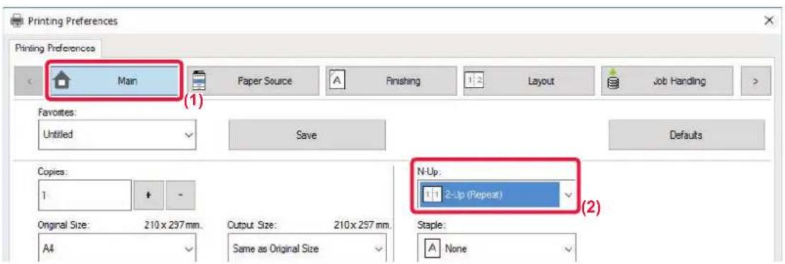 Printing Preferences Printing Preferences Main Paper Source Finishing Layout Job Handling Favorites: Untitled Save Defaults Copies: 1 + - Original Size: 210 x 297 mm. A4 Output Size: 210 x 257 mm. Same as Original Size N-Up: 1-2-Up (Repeat) Staple: None (1) (2)